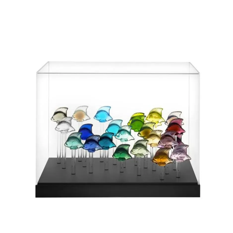 Base aquarium 25 poissons lalique + cloche Bestiaire|Animaux Cristal