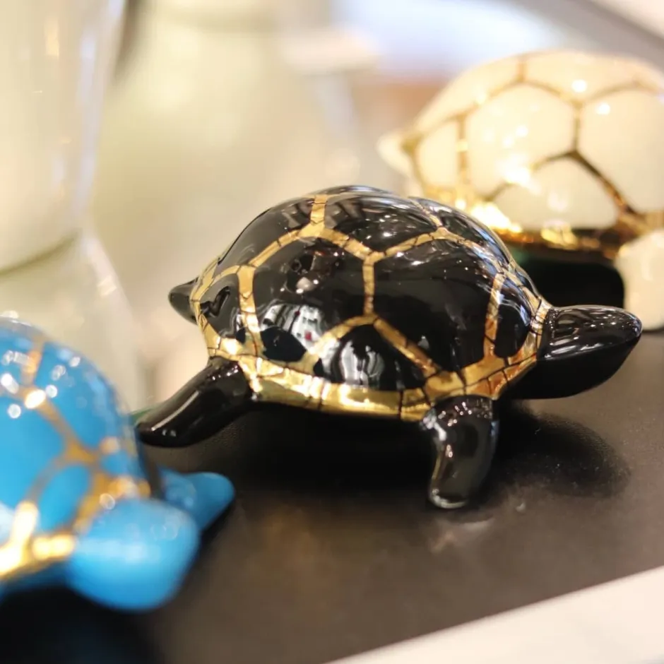 Tortue porte-bonheur noir & or Émaux de Longwy Faïence De Longwy|Animaux